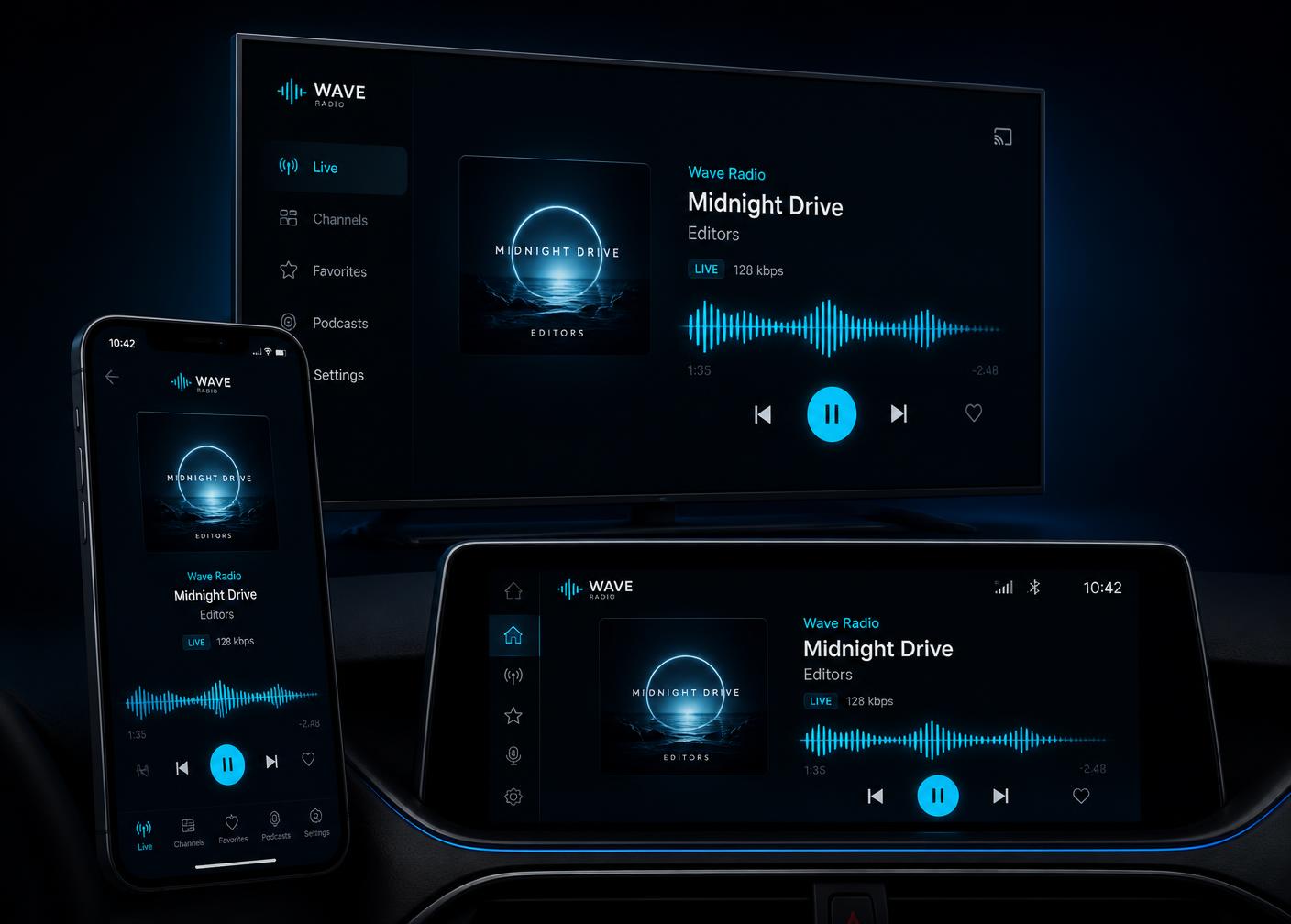 Aplicativo de rádio rodando em smart TV, celular e central multimídia do carro