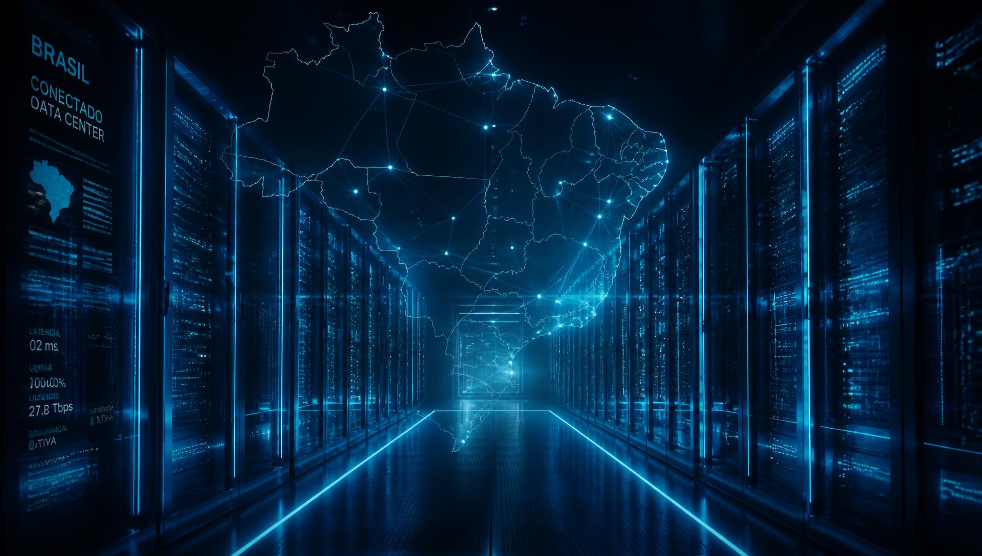 Corredor de datacenter com mapa do Brasil em rede de nós luminosos